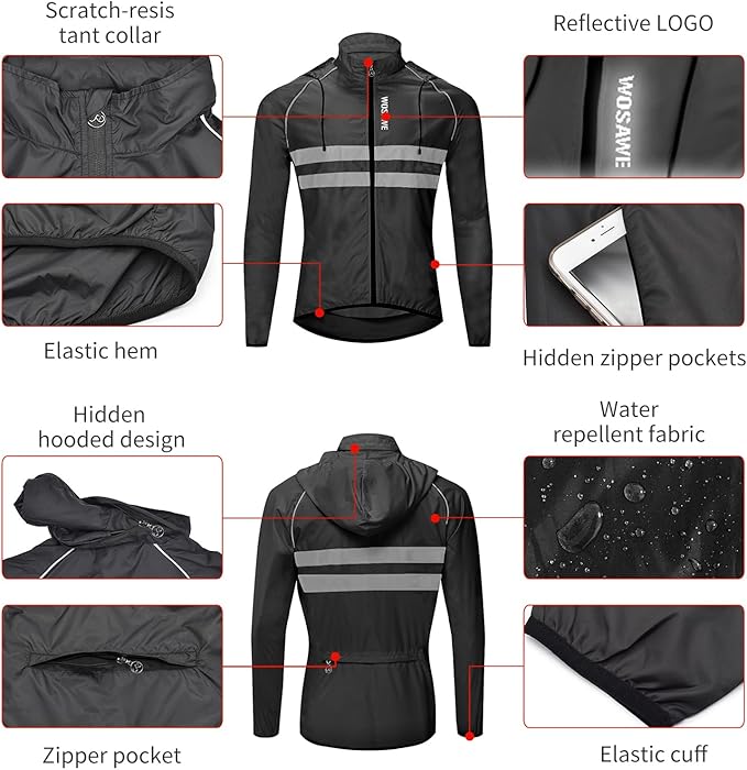 WOSAWE Packable Cycling Jacket Hooded Running Coat Lightweight Biking Windbreaker