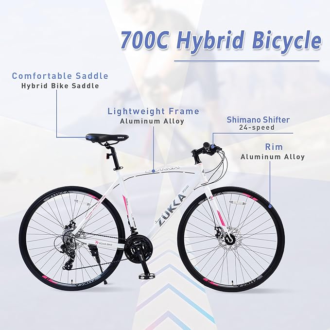 Adult Hybrid Bike 24 Speed Hybrid Bike Disc Brake 700C Road Bike, Aluminium Alloy Frame,Disc Brake,Racing Bicycle,Commuter Bike,for Men Women's City Bicycle