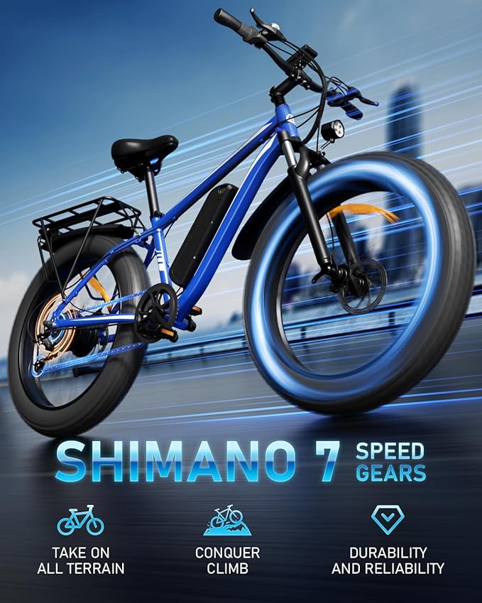[UL Certified] Electric Bike for Adults with Peak 1500W Brushless Motor, 48V 15AH 35-60 Miles Battery Electric Bicycle, 26" Fat Tire Mountain Bike 28MPH 7 Speed Gears Ebike for Work,Off Road