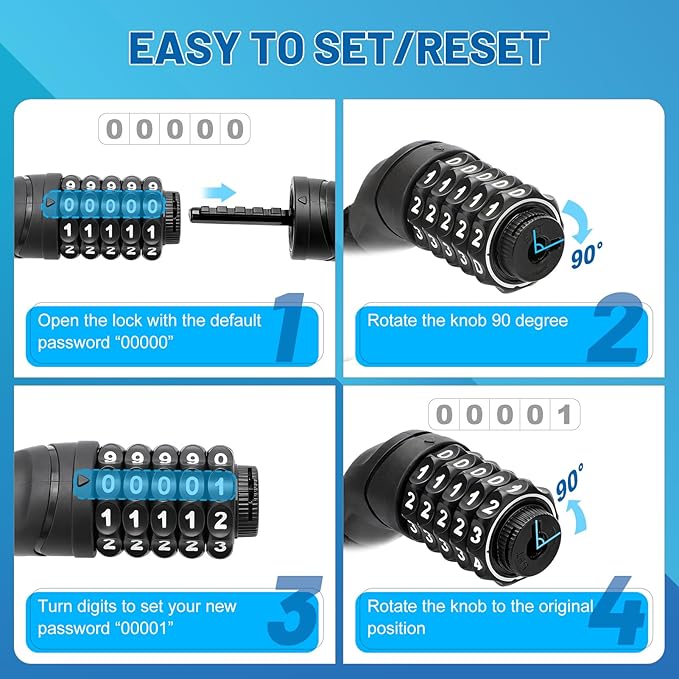 Heavy Duty Bike Chain Lock – 5 Digit Combination Anti-Theft Bicycle Lock, 3FT/4FT/5FT Hardened Steel Square Links for E-Bike, Motorcycle, Scooter, Gate