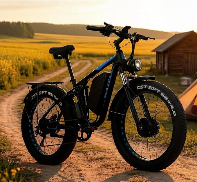6000W Electric Bike for Adults, 52V 32AH Dual Motor E-Bike, Up to 100Mile & 45MPH All-Terrain Fat Tires Full Suspension 24/26 Inch Electric Bicycles Hydraulic Disc Brake for Road UL2849 by SGS