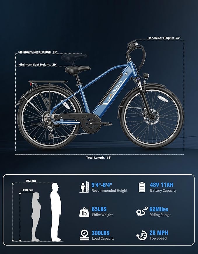 Jasion Roamer/ST/YC1 Electric Bike for Adults, 26" Commuter Ebike 1200W 528WH Removable Battery, 28MPH 62miles, Electric Bicycles for Women/Man, UL2849 Certified
