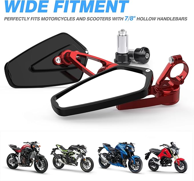 MICTUNING CNC Motorcycle Mirrors - 7/8" (22mm) Bar End Rear View Mirrors Compatible with Most Honda Grom, Yamaha, Kawasaki, Ducati, Suzuki and More - Red