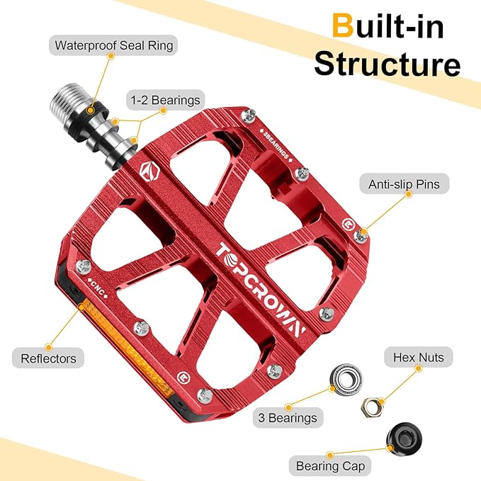 Mountain Bike Pedals with Reflectors, Aluminum Metal Bicycle Flat Pedals 9/16" - 3 Sealed Bearings, Non-Slip Wide Platform with Removable Pins for MTB, Road Bike, BMX, Ebike
