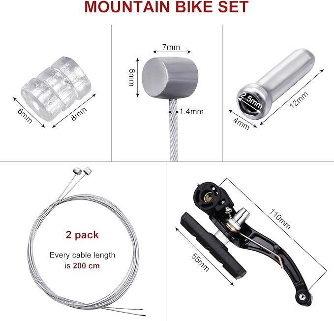 Universal Mountain Bike Brakes Set - 2 Pairs, Replacement for Most Bicycles, Includes 2 Pieces Brake Cables, Gear Shift Cable Wire, End Caps, End Ferrules
