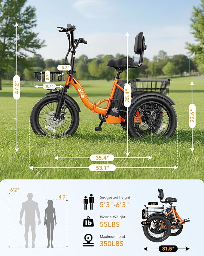 Qlife Triker Electric Bike, Peak 750W/1200W Brushless Motor Folding Trike Ebike, 499Wh Removable Battery, Step-Thru 3 Wheel Electric Bicycle, Up to 55 Miles, 20 Tire Tricycle for Adults