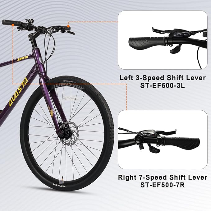 AVASTA Jupiter 700C Road Adult Step-Over Hybrid Cycling Bike Bicycle, Aluminum Frame, 21-Speed, Dual Disc Brakes, Multpile Colors for Men Woman Male Female
