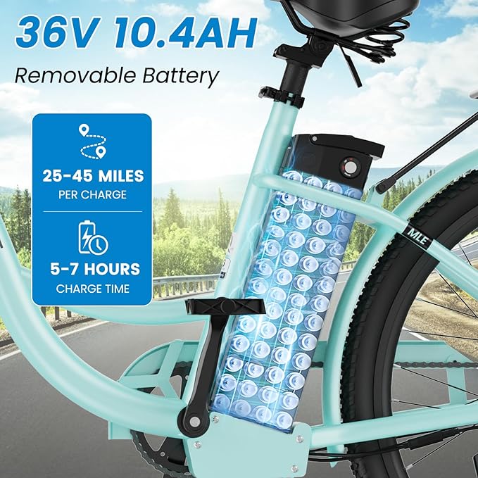 350W Electric Bike for Adults, 20MPH 7-Speed Commuter Ebike with 36V 10.4Ah Battery, Aluminum Frame, Front Suspension, Dual Disc Brakes, E Bicycle with Basket & Rear Rack, 330 lbs Load