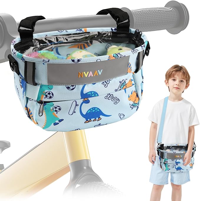 Kids Bike Basket Bag, Waterproof Bicycle Basket Pouch for Girls Boys 6-10, Children's Front Handlebar Bag with Reflective Safety Strap & Detachable Shoulder Strip, Fit Toddlers Bikes Tricycle Scooter