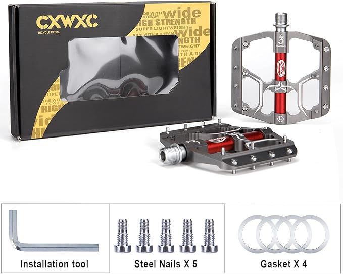 Road/Mountain Bike Pedals - 3 Bearings 9/16” Aluminum Alloy Bicycle Pedals - Mountain Bike Pedal with Removable Anti-Skid Nails
