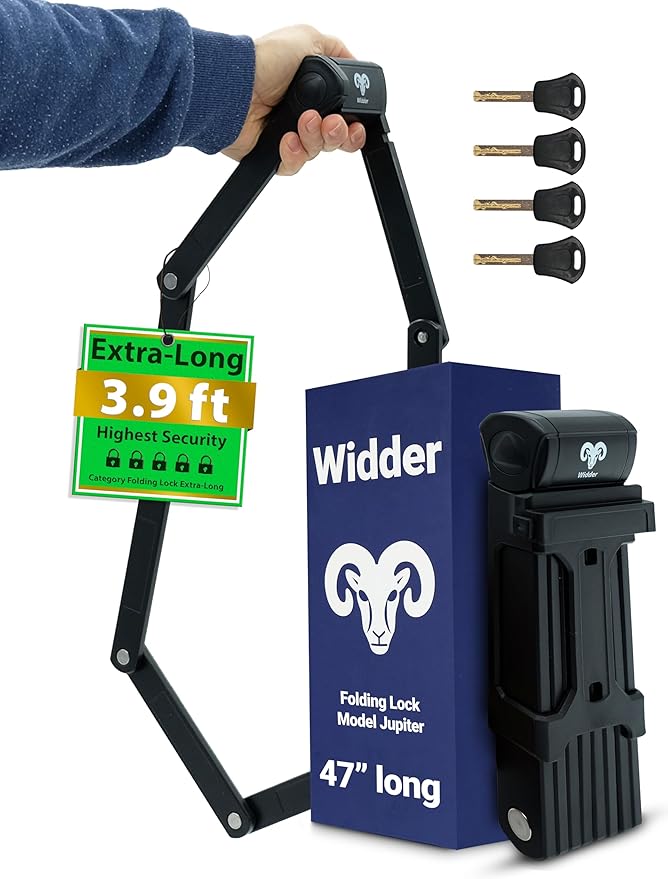 WIDDER Very Long [47"] Security Folding Lock - Foldable Bicycle Lock with 4 Keys & Frame Mount Bracket, no Rattling - Ideal for Ebike & E Scooter with Key