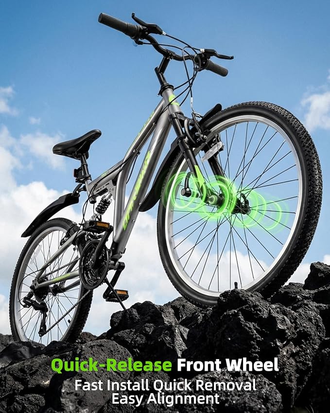 24 Inch Mountain Bike for Men & Women, 21-Speed Full Suspension MTB, High-Carbon Steel Frame, Quick Release Front Wheel, Dual Fenders, Easy Assembly, Trail & Commuter Bicycle