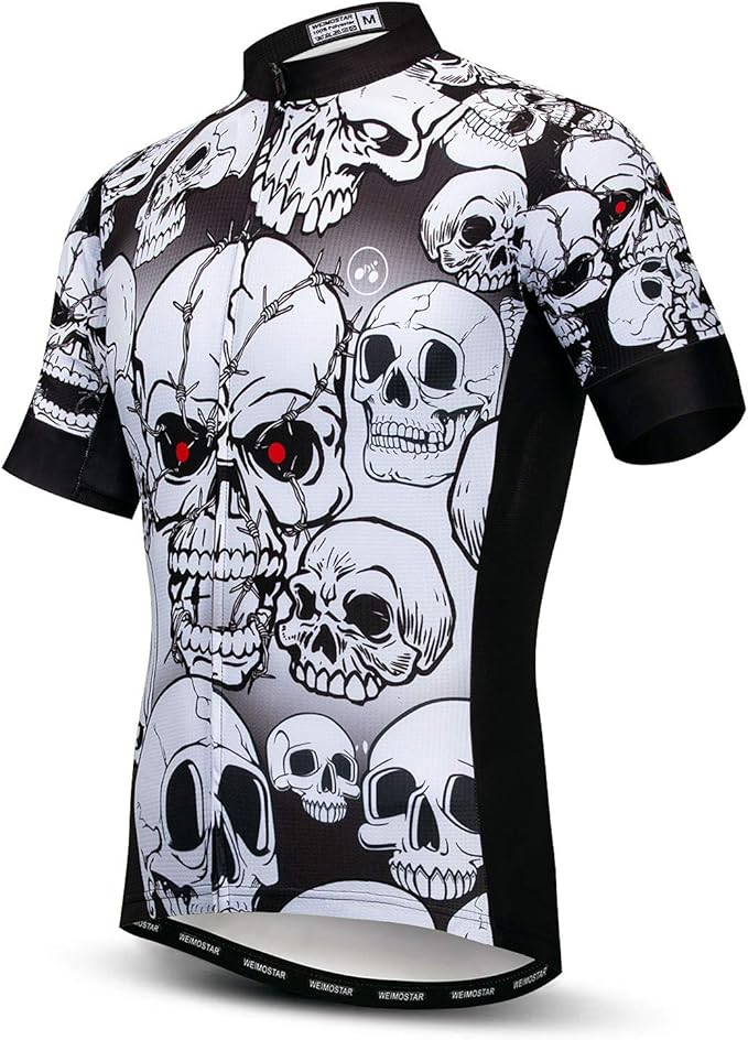 Men Cycling Jersey Skull Bike Short Sleeve Tops Quick-Dry Reflective 3-Pockets S-3XL