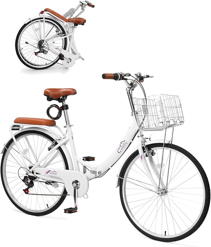 24/26 Inch Foldable Bike Folding Bicycle, 7 Speed Beach Cruiser Bike with Lock, Comfort Back Seat, Foldable Basket & Ergonomic Upright Frame, Cruiser Bicycle for Adults