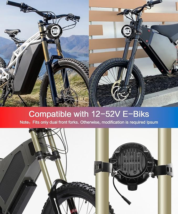 LED Ebike Headlight Kit White Halo with Housing/Bracket/Reflector Compatible with 12-52V Electric Bike 3-Pin Connector Plug-and-Play