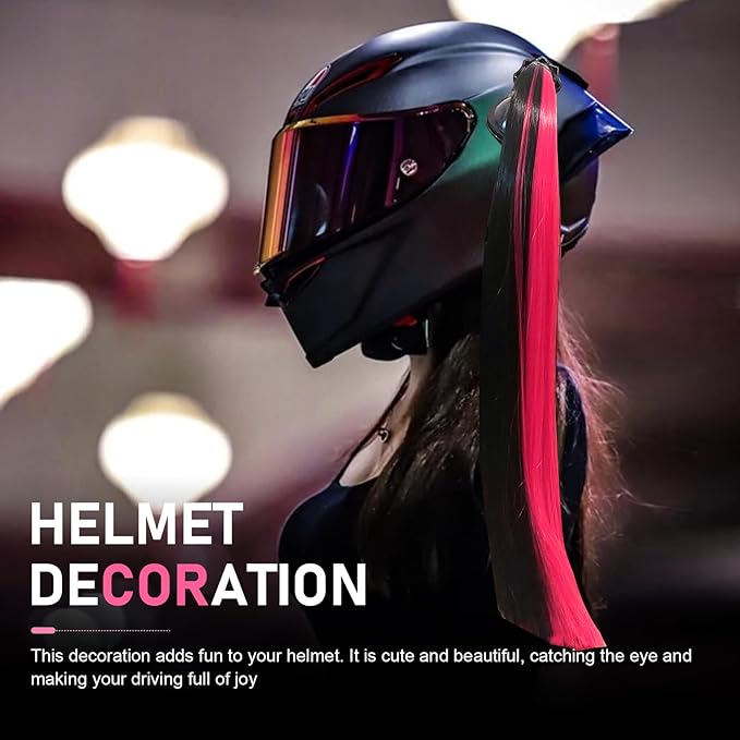 2 PCS Helmet Pigtails, Fun Pigtail Decorations for Helmet with Suction Cup, Detachable Fake Hair Decor, Universal for Motorcycle Bike Helmets (Black & Pink)