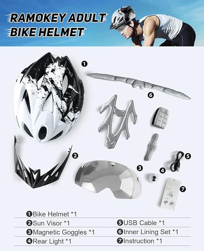 Bike Helmet with USB Rechargeable LED Light Detachable Goggles and Sun Visor, Mountain & Road Bicycle Helmets for Men Women Adult Cycling Helmets