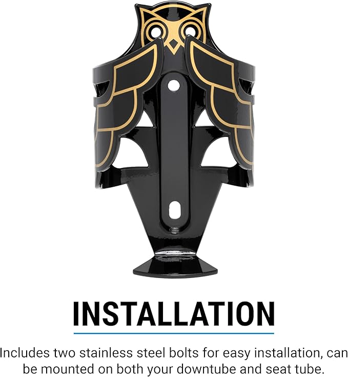 Portland Design Works Water Bottle Cage - Lightweight Water Bottle Holder for Bikes, Owl Cage, Black/Gold