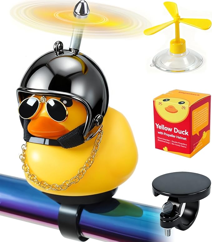 Rubber Duck Bike Decorations [New Stable Clamp Mount] Cute Squeak Duck Bike Bell [Two Helmet Propeller] Funny Bike Accessories E Scooter Motorcycle Cycling Gifts
