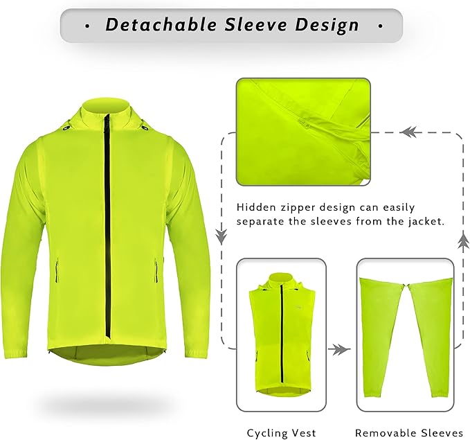 Men's Cycling Jacket Waterproof Windbreaker with Detachable Running Hiking Cycling Vest Packable Rain Coat