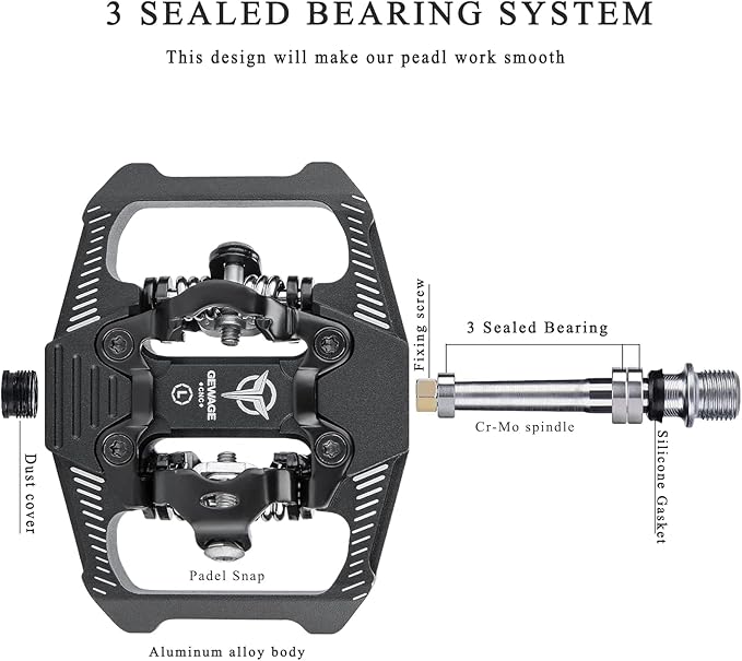 Mountain Bike Pedals - Dual Function Flat and Clipless Pedal - 3 Sealed Bearing Platform Pedals Compatible with SPD, Bicycle Pedals for BMX Spin Exercise Peloton Trekking Bike