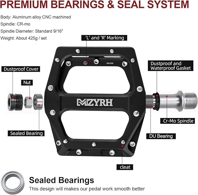 MZYRH Road/Mountain Bike Pedals MTB Pedals Aluminum Alloy Bicycle Pedals 9/16" Sealed Bearing Lightweight Platform for Road Mountain BMX MTB Bike