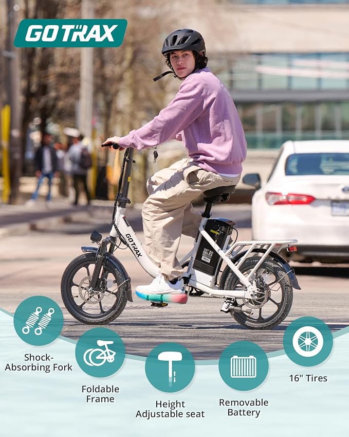 Gotrax 16" Folding Electric Bike, Max 28Miles Range(Pedal-Assist) & Speed 15.5Mph Power by Peak 500W, E-Bike with Removable Battery, Suspension & Adjustable Size, Commuter Bicycle for Adults/Teens