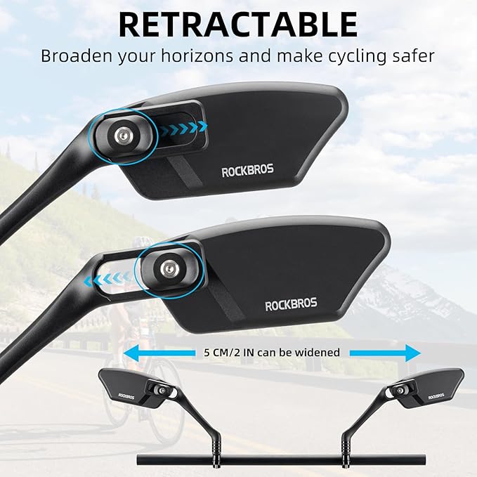 ROCKBROS Newest Bike Mirrors Handlebar Mount Rearview Mirror HD Blast-Resistant All-round Angle Adjustable Retractable Bicycle Mirror for E-bike （21-26mm Handlebar）