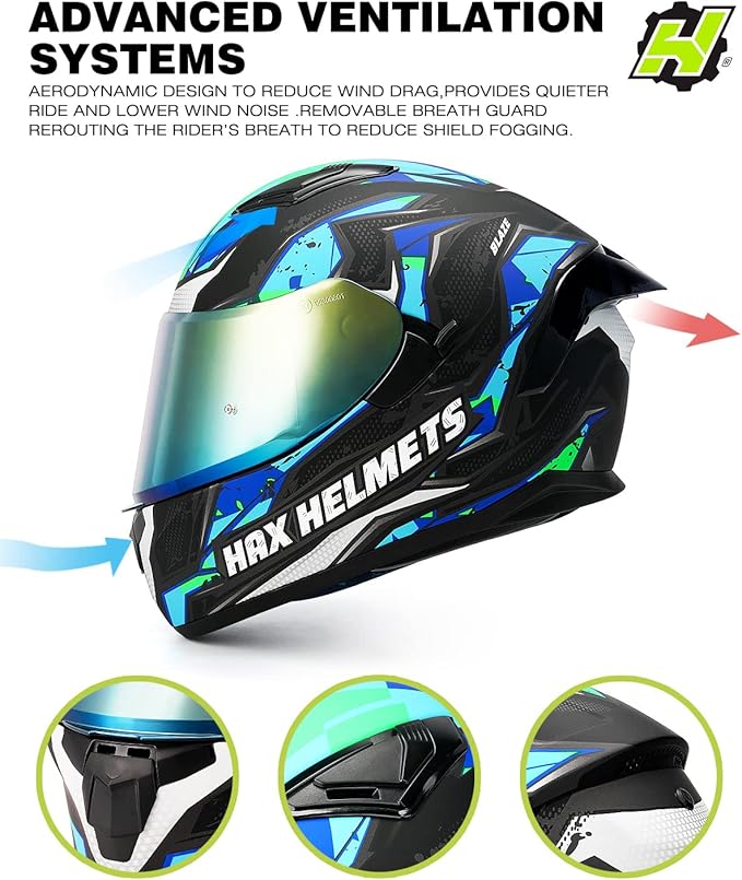 HAX Obsidian Full Face Dual Visor Adult Motorcycle Helmet for Motorbike Street Bike with Pinlock Ready DOT Approved (Blaze Blue,XXL)