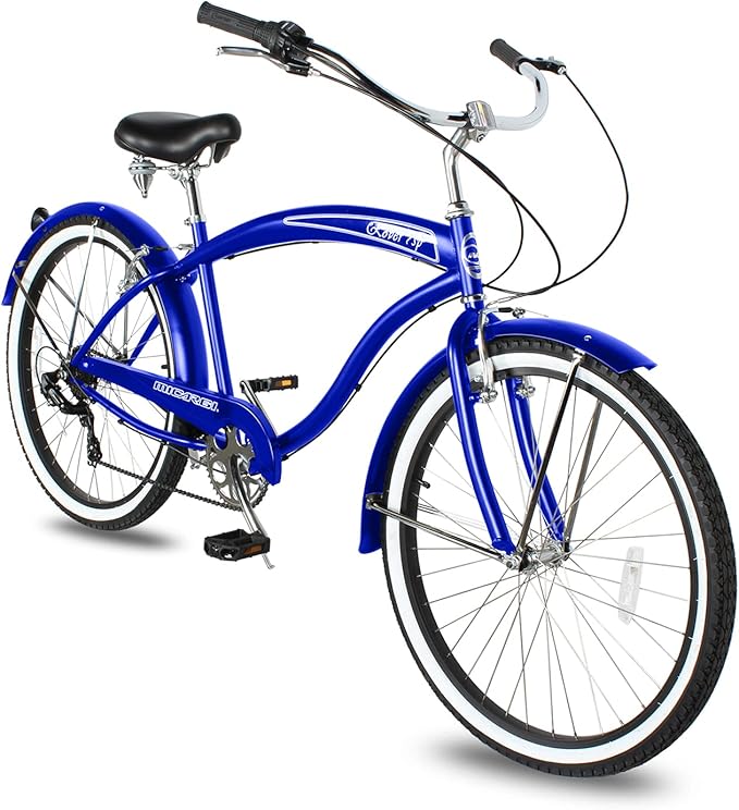 MICARGI Rover Lightweight Beach Cruiser Bike for Men, Adult,24 Inch Wheels, Featuring Steel Step-Over Step Through Steel Frame, 7 Speed Coaster Brake, Hybrid Bike, Complete Cruiser Bikes, Blue