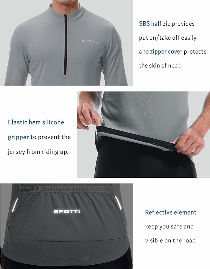 Spotti Men's Cycling Bike Jersey Long Sleeve with 3 Rear Pockets - Moisture Wicking, Breathable, Quick Dry Biking Shirt