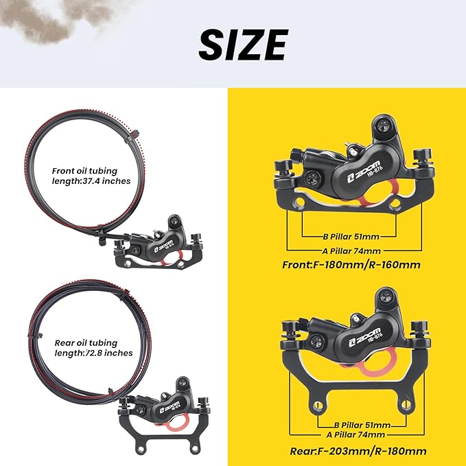 Hycline 4-Pistons Ebike Hydraulic Brake Set: Zoom H876E 2-PIN Power-Off Electric Bike Disc Brake Kit Included 160mm/180mm Rotors and Mounting Adapter