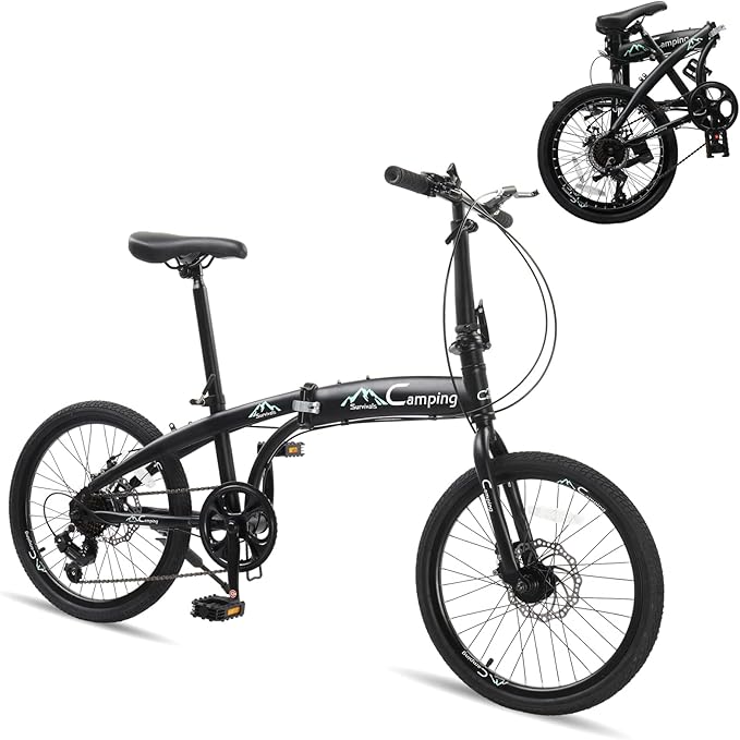 20 Inch Folding Bike, 7 Speed Foldable Bike with 100% Assembled, Dual Disc Brake, Fork Suspension, High-Carbon Steel Frame, Non-Slip tire and Adjustable Saddle (Black & Green)