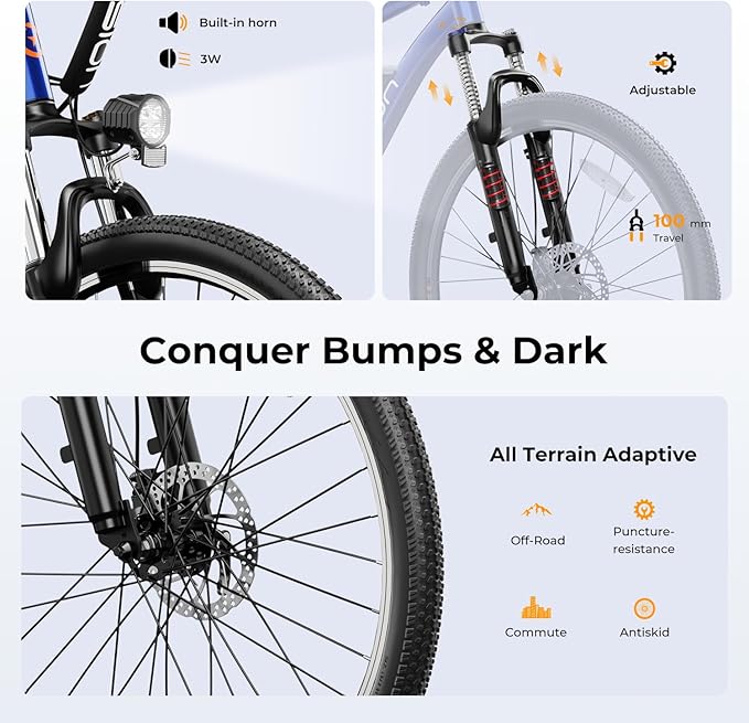 Jasion EB5 Electric Bike for Adults with Peak 1000W Brushless Motor, 40Miles 20MPH Commuting Electric Mountain Bike with 360Wh Removable Battery, 7-Speed, 26" Tires and Front Fork Suspension