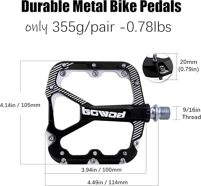 Bike Pedals Mountain Bike Adult, Light MTB Flat Pedals Grippy w 20pcs Non-Slip Studs, Glass Fiber Nylon Composite Platform Pedals w Cr-Mo Axel, 9/16" BMX Road Cruiser Gravel Bicycle Pedals