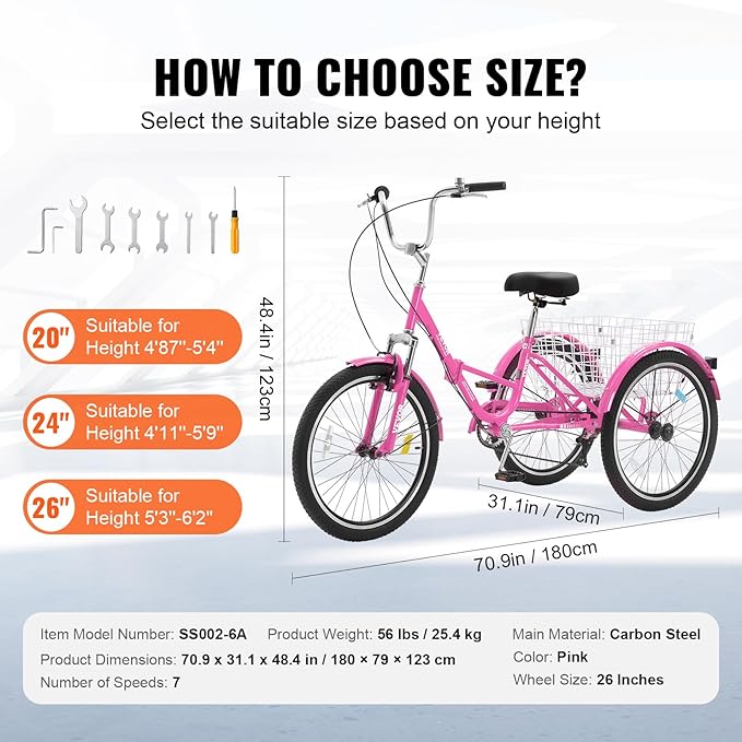 VEVOR Folding Adult Tricycle,Adult Folding Trikes, 3 Wheel Cruiser Bike with Large Basket & Adjustable Seat, Shopping Picnic Foldable Tricycles for Women, Men, Seniors