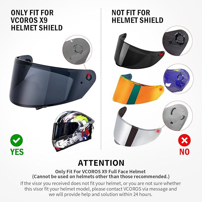 VCOROS X9 Full Face Motorcycle Helmet Replacement Shield 5Color Lens Available (Black)