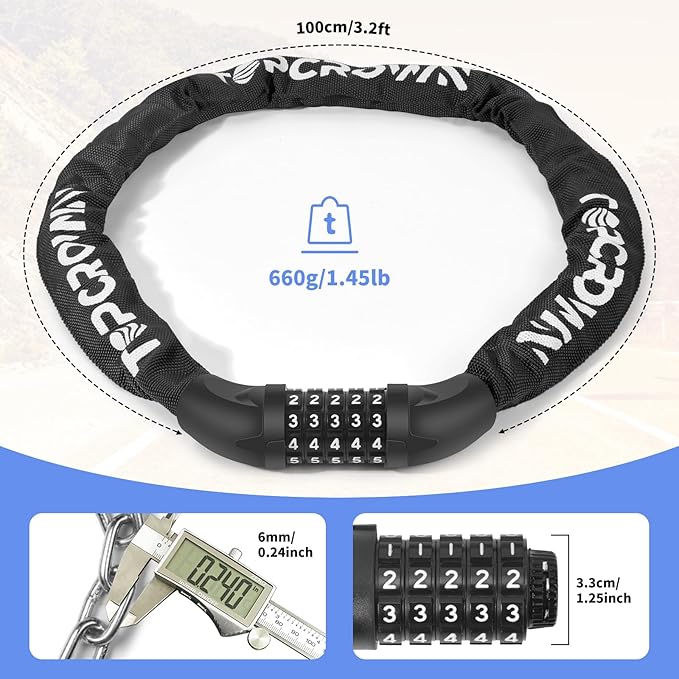 Bike Chain Lock 3.2Ft Long High Security Heavy Duty Anti Theft, 5 Digit Combination Resettable Keyless Bicycle Lock for Bike/Electric Scooter/Ebike/Motorcycle(Black)