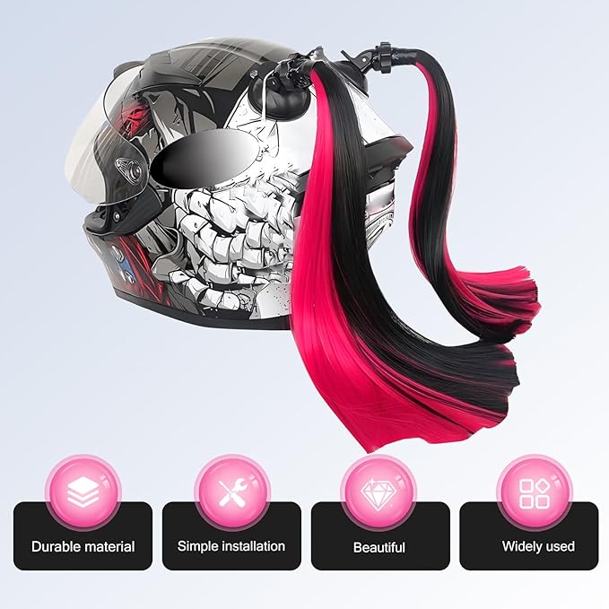 2 PCS Helmet Pigtails, Fun Pigtail Decorations for Helmet with Suction Cup, Detachable Fake Hair Decor, Universal for Motorcycle Bike Helmets (Black & Pink)