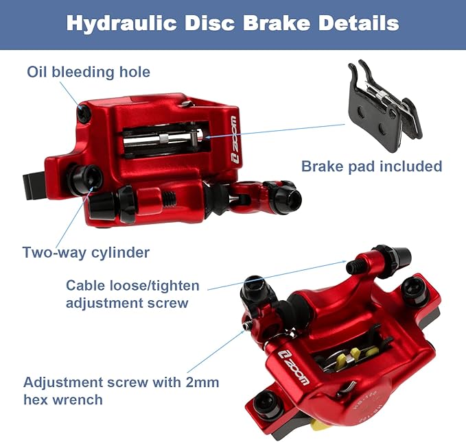 HB-100 Line Pulling Hydraulic Disc Brake Calipers, Mechanical Disc Brakes for MTB, Mountain Bike, E-bike and Electric Bike 2PCS Front/Rear Red