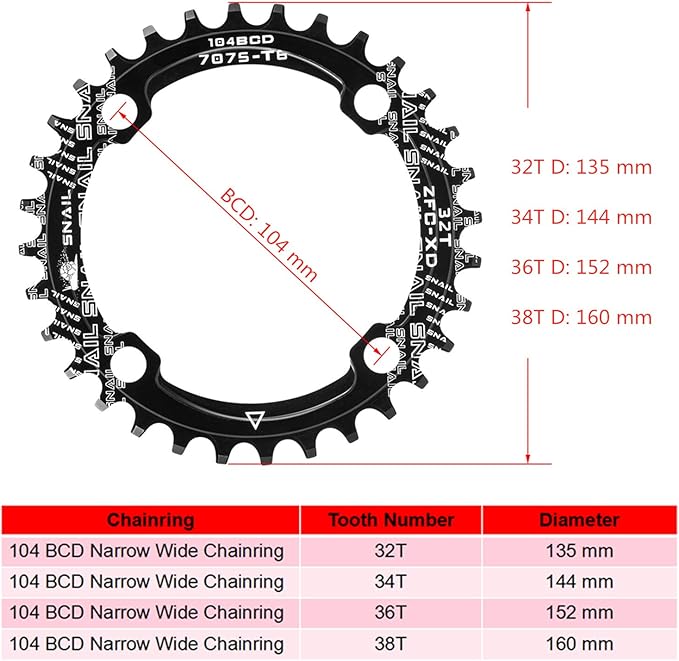 Boao Chainring 104 Bcd Chainring 32T Narrow Wide Single Chain Ring with 4 Pieces Sprocket Bolts for Road Bikes, Mountain Bikes, Bmx Mtb Bike, Black