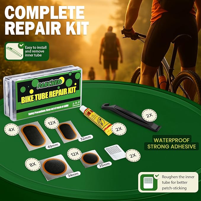 Bike Tube Patch Kit with Vulcanizing Patches - Assorted Sizes, Portable Bicycle Tire Repair Patches for Road, Mountain Bike, Scooter & Ebike Emergency