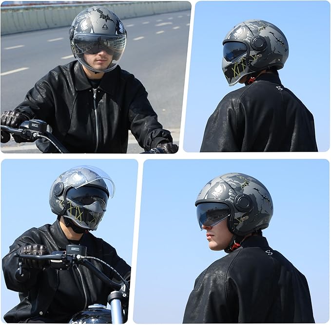 TRIANGLE Full Face Motorcycle Helmets,Off-Road Motocross Helmet for Men & Women,Dual Visor with Internal Tinted Sunshield,Open Face 3/4 Adult Racing Helmet DOT Approved(XXL)