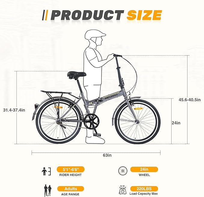 24 inch Folding Bike Single Speed V Brake City Commuter Bicycle with Mudguard for Men Women Daily Commuting