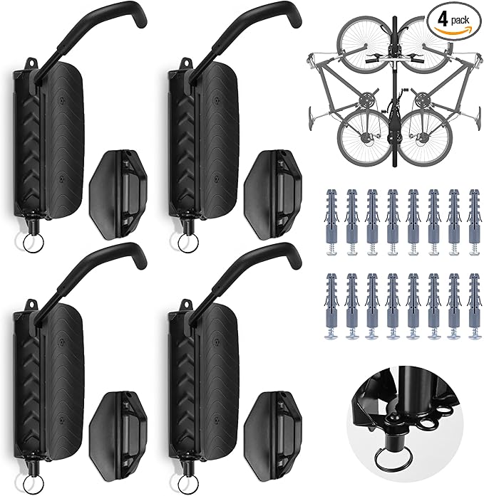 Wall Mounted Bike Rack for Indoor Storage - Heavy Duty 150° Swivel, No Drill Space Saving Design, Fits MTB/Road/E-Bikes & Hybrid, Anti-Slip Stopper (4-Pack, Black)