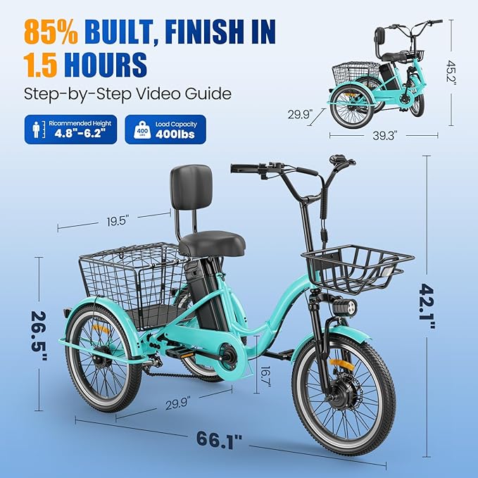 Electric Tricycle for Adults, Peak 1200W Electric Trike, Foldable Electric Bike with 468Wh/720Wh/960Wh Removable Battery, Step-Thru 3 Wheel Electric Bikes for Women Men, 20 Tire