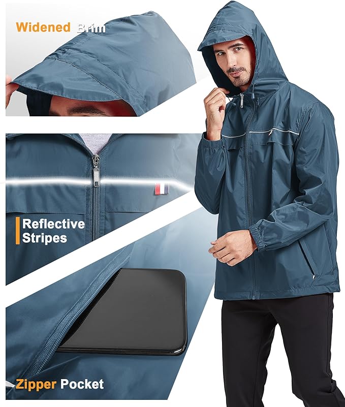 GEEK LIGHTING Rain Jacket Men Lightweight Waterproof Jackets Packable Windbreaker Hooded Raincoat for Golf Cycling Outdoor