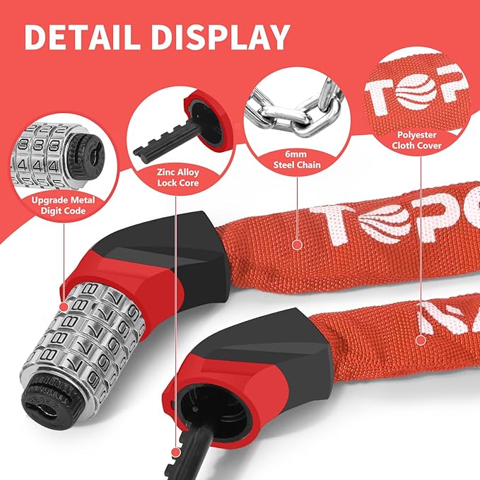 Bike Chain Lock Upgrade Metal Digital Dials 3.2Ft Long High Security Heavy Duty Anti Theft, 5 Digit Combination Keyless Bicycle Lock for Bike/Electric Scooter/Ebike/Motorcycle(Red)