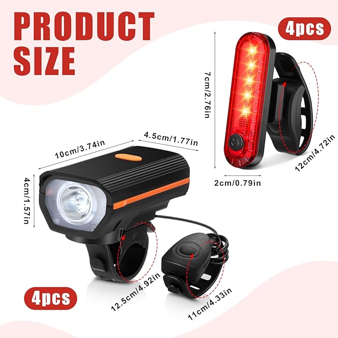 Hanaive 4 Sets Bright LED Bike Light Set USB Rechargeable Bicycle Front Headlight Back Taillight Waterproof Bicycle Light Cycling Accessories for Men Women Night Road Mountain Riding