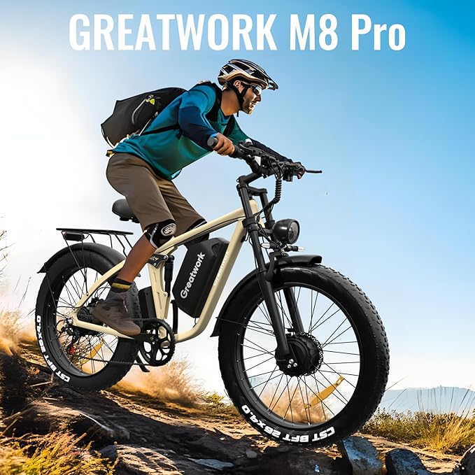 GREATWORK 52V 5000W Peak Dual Motor Electric Bike for Adults, 1300Wh Battery, Up to 45MPH & 100 Miles Range, 26" x 4.0 Fat Tire Electric Dirt Bike with Suspension, Mountain E-Bike for Men Women